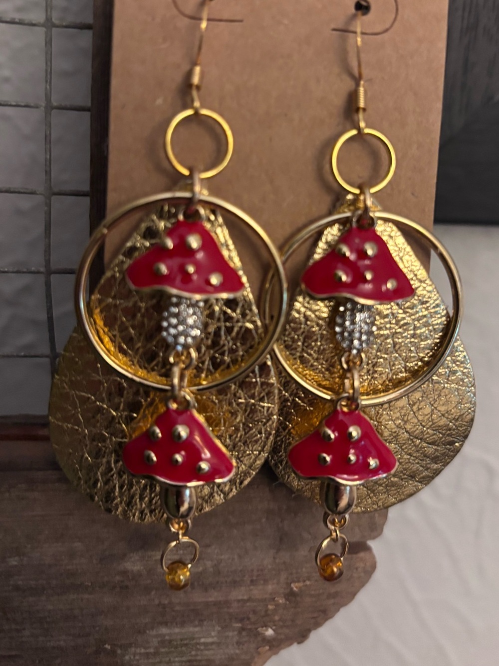 Gold-Tone Red enameled Mushroom Drop Earrings